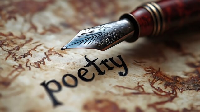 A pen is on top of a piece of paper with the word poetry written in cursive