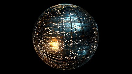 Glowing sphere with intricate network of lines and lights on a black background.