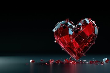 Shattered Red Glass Heart on Dark Background
