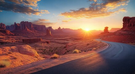 Fototapeta premium Breathtaking Desert Landscape Sunset with Winding Road and Rich Rock Formations
