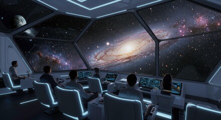 Starship Bridge: A futuristic spaceship bridge, with a crew monitoring a breathtaking view of a spiral galaxy through panoramic windows.  The scene is bathed in cool, futuristic lighting.