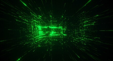 Abstract Green Digital Data Stream Futuristic Technology Background Neon Lines Cyberspace Tunnel