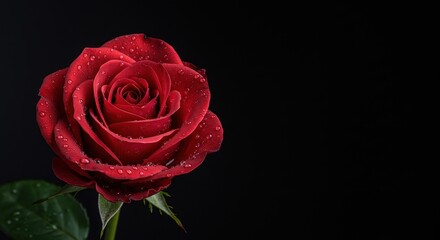 Beautiful Photograph of a Red Rose with Dew Drops on Black Background, Perfect for Floral Decor and Romantic Designs