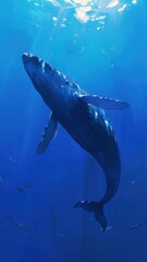 Naklejka premium Humpback whale swimming in a deep blue ocean, close up