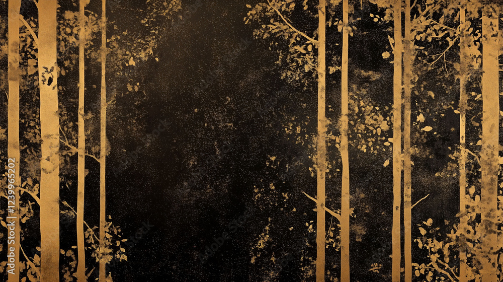 Poster multi layered dark gold wallpaper design featuring intricate foliage patterns and textured elements.
