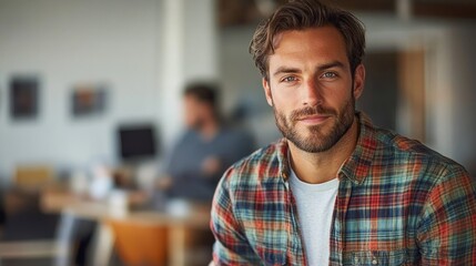 Obraz premium Focused Young Entrepreneur in Colorful Shirt with Colleagues Collaborating in Modern Office Environment
