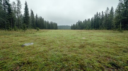 Fototapeta premium Misty forest meadow, tranquil nature scene; calming background for travel brochures