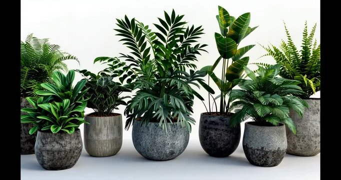 A row of potted plants with different sizes and shapes. The plants are arranged in a row,with some taller and some shorter. Scene is calm and peaceful,as the plants are all green