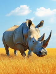Obraz premium Large rhino standing in yellowed grasses, wildlife conservation
