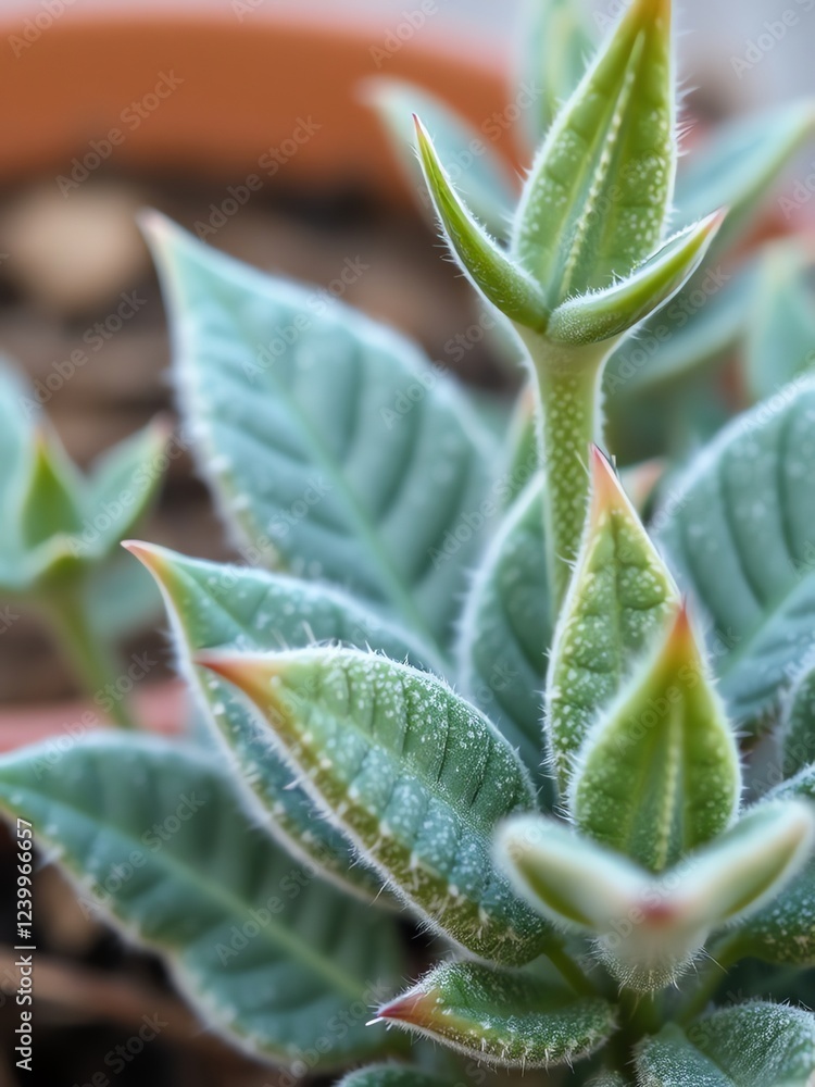 Poster an image of a close up of a plant with green leaves, there is a plant with green leaves and a pink flower