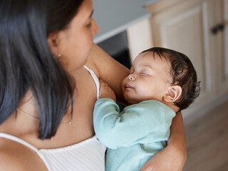 Love, mother and sleeping baby in home for growth, child development or connection. Security, woman...