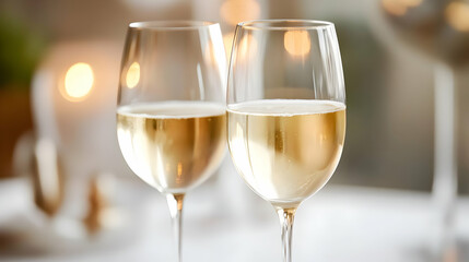 Two elegant glasses of white wine shining with soft ambient light.