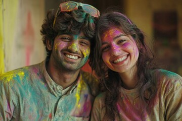 A joyous couple embracing the vibrant hues of Holi Festival in India, their smiles radiating happiness amidst the crowd.
