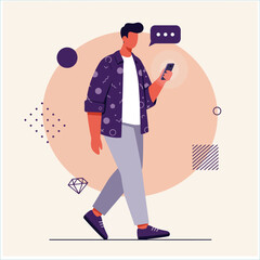 Man Walking and Using Smartphone with Messaging App