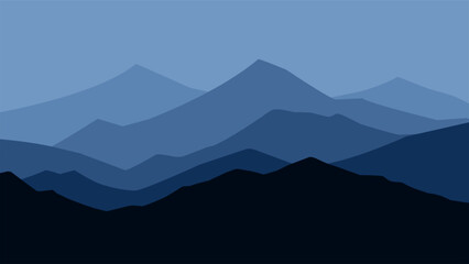 Landscape of mountain range scenery. Panoramic view of mountain peaks and ridges. Vector illustration of scenic landscape with majestic mountain range and ridges under dark blue sky