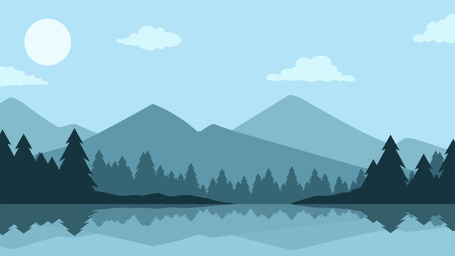 Landscape of mountain lake scenery. Panoramic view of mountain and pine forest with serene lake. Vector illustration of tranquil landscape with coniferous trees and mountain reflection on the water
