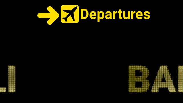 BALI Airport Animated Departures Board with LED Text on Black Background. Suitable for flight status updates, airport branding, motion graphic projects, and online travel platforms