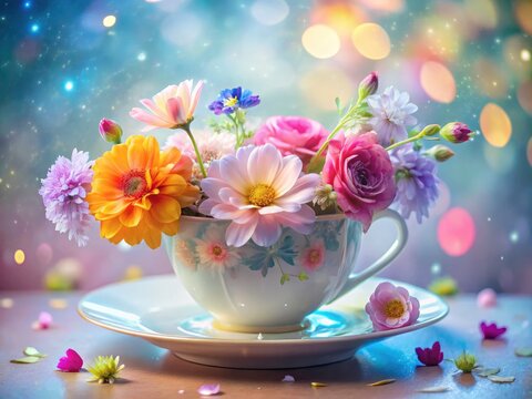 Dreamy botanical still life: double exposure captures flower's ethereal beauty within a teacup.