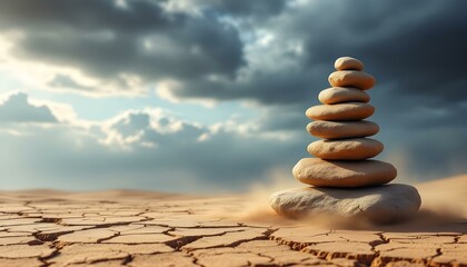 Obraz premium zen, stones, tall, stack, uneven, rugged, textures, cracked, desert, soil, dramatic, sky, sandstorm, clouds, dust, wind, trails, swirling, base, hyperrealistic, detail, serene, tranquil, harmony,