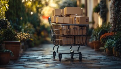 Packages in shopping cart on garden path, blurred background lights