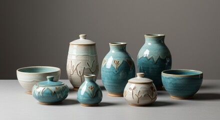 Collection of Handmade Ceramic Pottery in Blue-Green Tones, Featuring Elegant Jars, Bowls, and Vases for Home Decor and Artistic Display