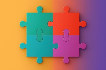 Fototapeta premium Colorful puzzle pieces fitting together on a gradient background.