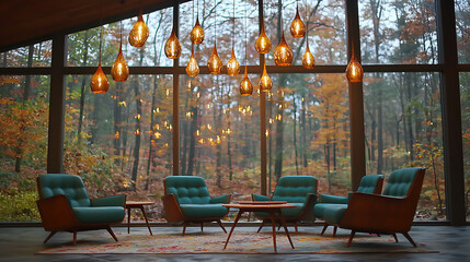 Fototapeta premium cozy living room with mid century modern furniture and warm lighting, surrounded by autumn trees