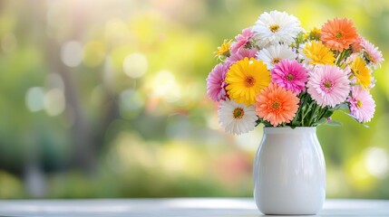Fototapeta premium Colorful Gerbera daisies bouquet in vase, garden background, spring