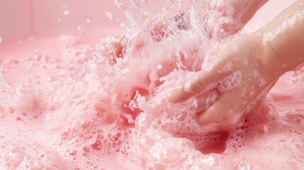 Fototapeta premium Hands washing in bubbles with playful mood in pink water