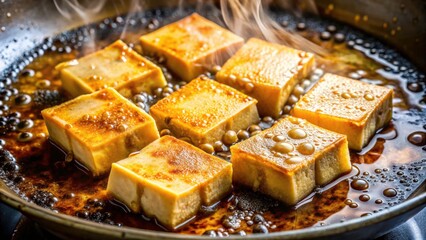 Experience the sizzle: 4K panoramic footage of perfectly fried tofu, a culinary delight.