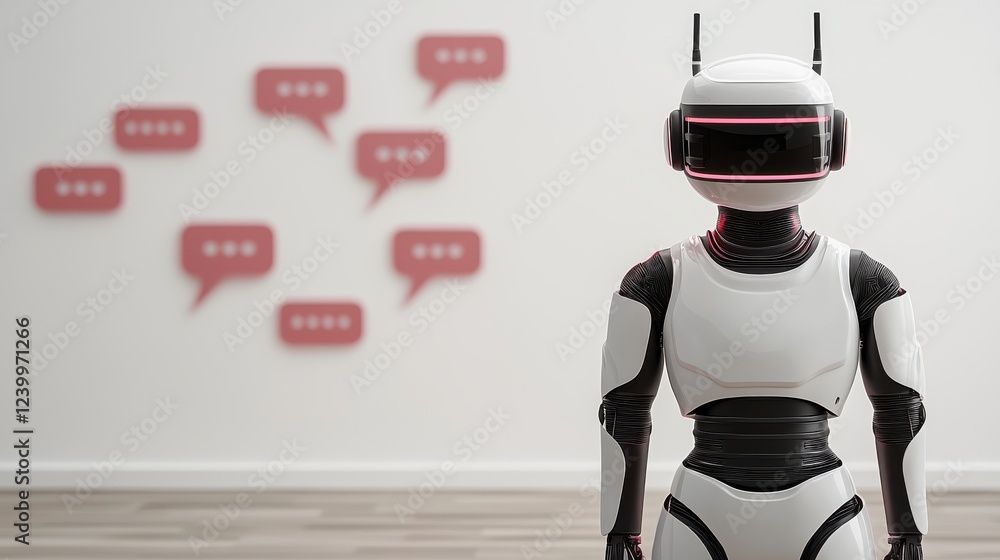Poster a futuristic robot standing in a minimalistic room, interacting with speech bubbles illustrating com