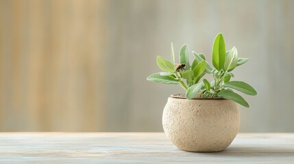 Sage plant in stone pot on wooden table close-up photography