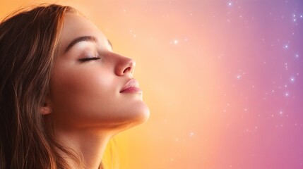 Woman in profile with dreamy lighting effects. Perfect for beauty wellness, spiritual harmony, and inner peace concepts.
