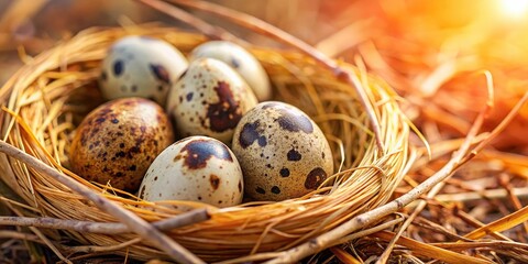 Obraz premium Fragile quail eggshell fragments surround a broken yolk, nestled in dry grass; a poignant closeup.