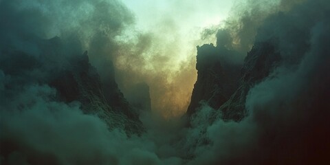 Stormy sea at sunset with dark clouds over rocky formations.