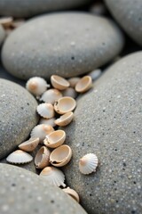 Seashells nestled amongst smooth grey stones, a tranquil beach scene