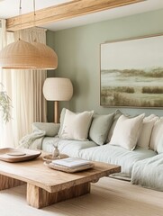 Fototapeta premium Serene Living Room Decor Neutral Tones Natural Textures