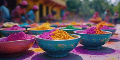 Various pots of vibrant multi-colored powder for the Indian festival Holi.