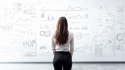 Female analyzing business data on whiteboard with graphs and charts