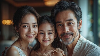 Fototapeta premium Joy and affection fill the air as a family of three celebrates a cherished moment in a warmly lit space, their smiles reflecting love and togetherness amidst soft, ambient light.