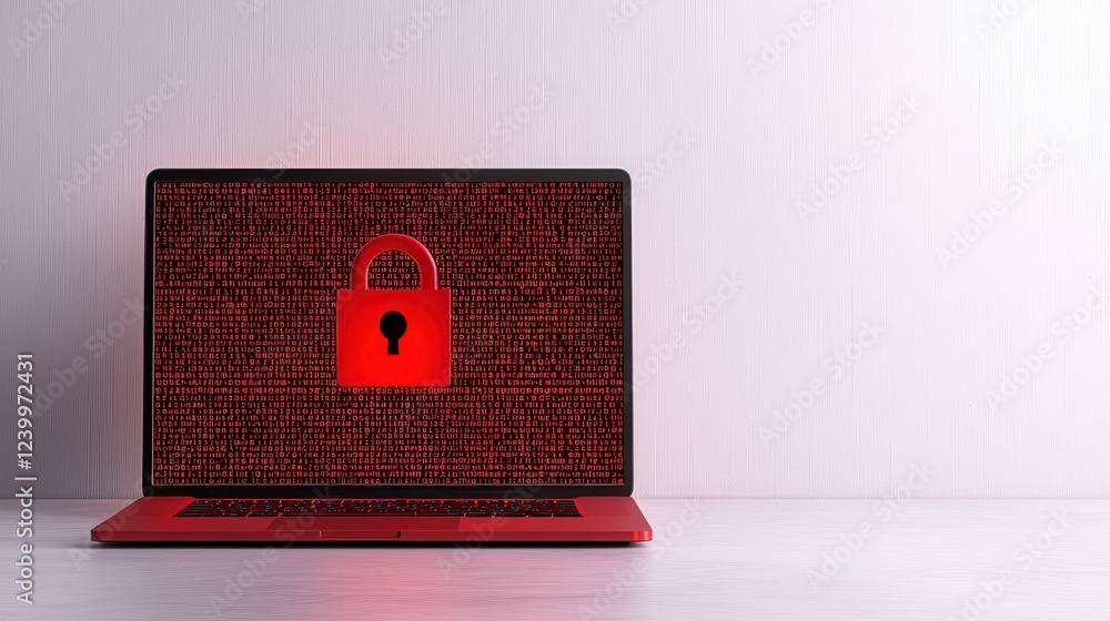 Poster a laptop displaying a red lock symbol on a dark background, symbolizing cybersecurity threats and da