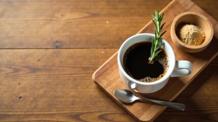 Aromatic Dark Coffee Brew with Sweetener and Herb Garnish on Wooden Tray