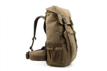 Naklejka premium A tan backpack with a black strap sits on a white background. The backpack is large and has a black strap