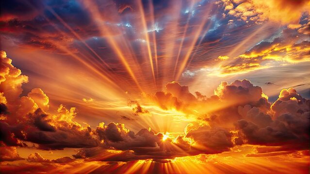 Glowing orange god rays pierce a dramatic, fiery sunset sky; heavenly landscape.