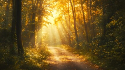 Naklejka premium golden autumn forest path sunlight rays