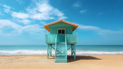 Fototapeta premium A small blue house with a wooden staircase is on a beach