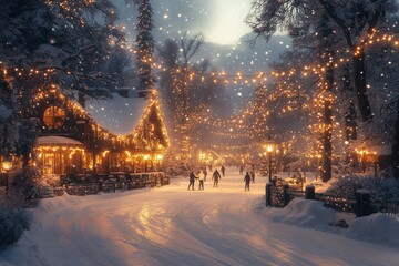 Snowy Village Street, Christmas Lights, Winter Evening
