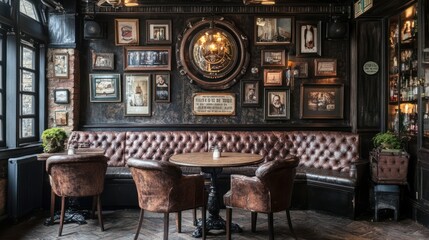 Cozy pub interior with leather booths, framed artwork, and wooden floor.