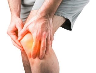 PNG Man touching knee at pain point injury joint management.