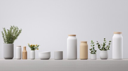 A serene display of modern white vases and containers holding various plants, enhancing a minimalist interior decor with a touch of nature.